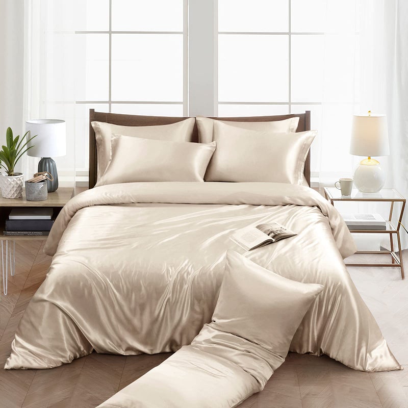 Ersmak 6 Pieces Satin Duvet Cover Full/Queen Size Luxury Silky Bedding Duvet Cover Set with 1 Soft Duvet Cover  4 Queen Pillowcases and 1 Body Pillowcase  Beige - Image 3